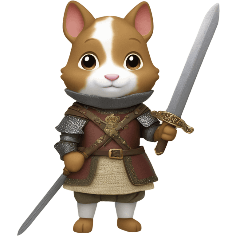 A calico critter/sylvanian families figure dressed in medieval attire with a sword emoji