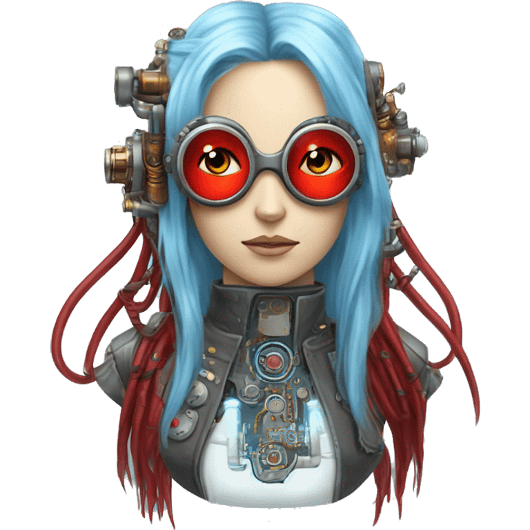 Light blue long hair female cyborg head with red steampunk goggles and circuits emoji