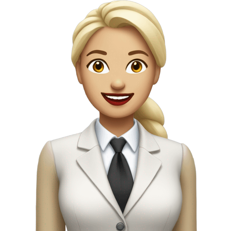 blonde woman with straight hair tied up in a suit and red lipstick smiling emoji