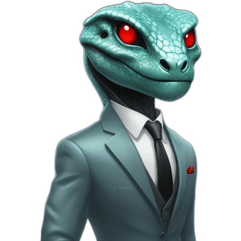 Aquamarine reptilian in classic black suite with red laser eyes on the middle of platinum coin emoji