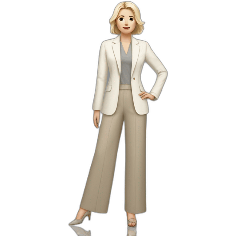 Full height Actively gesturing with hands pale skin woman with ash blonde Straightened bob Hair, White Spacious classical jacket, beige palazzo Arrow pants and gray blouse emoji