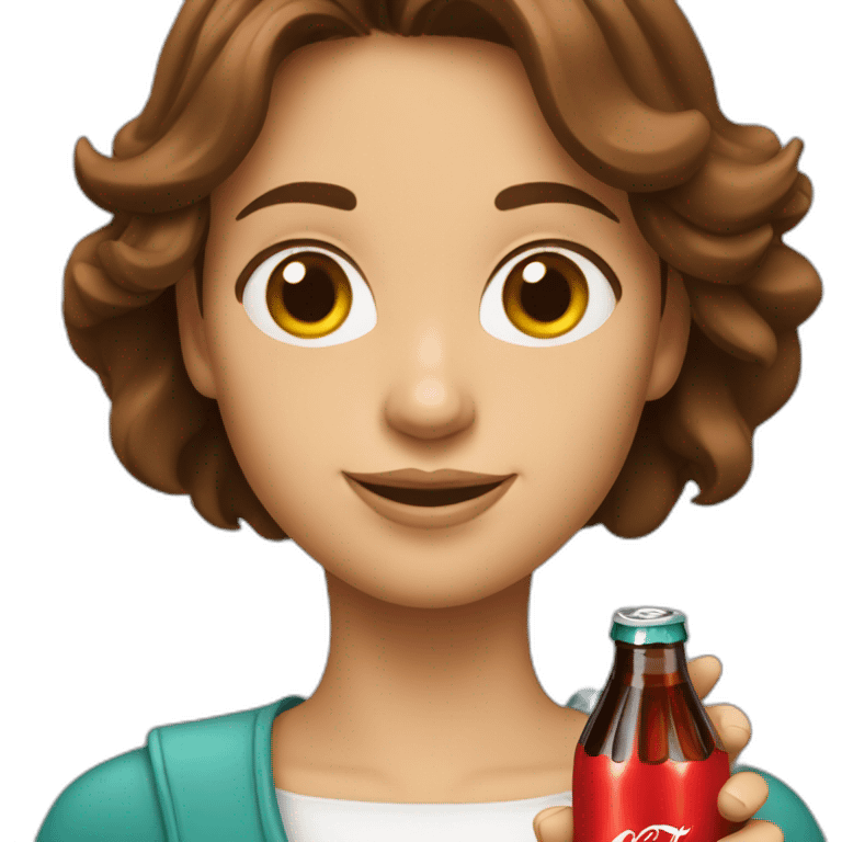 A woman with brown hair is holding a Coca-Cola emoji