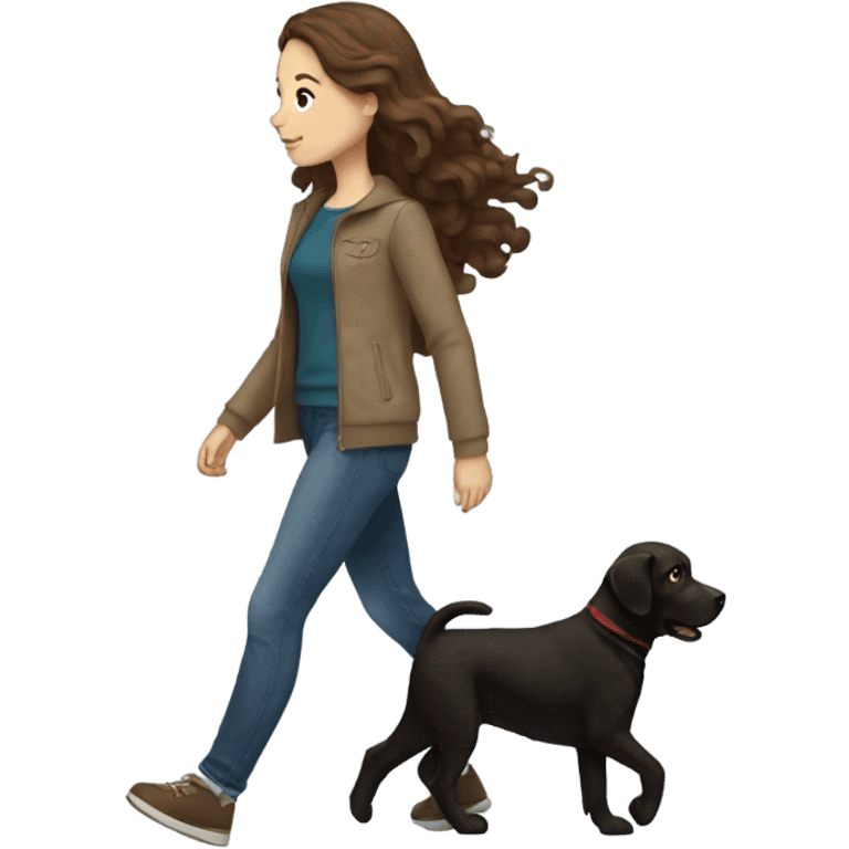 White girl with wavy brown hair walking a black Labrador emoji