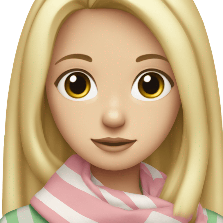 Blonde girl with blue eyes eyelashes no lipstick in a light pink shirt with gray and green thick stripe scarf emoji