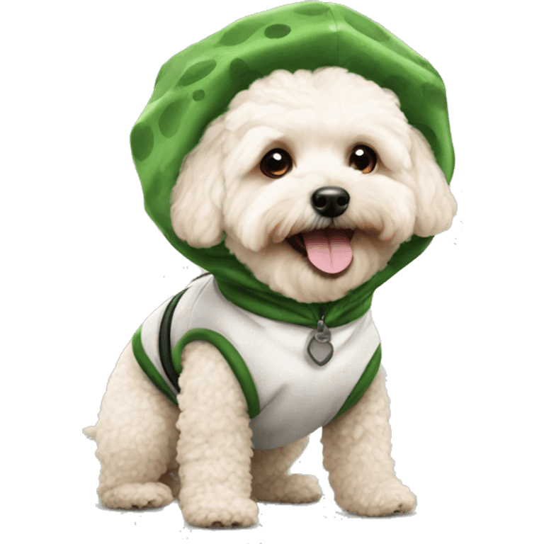 Maltipoo wearing a Dino costume emoji