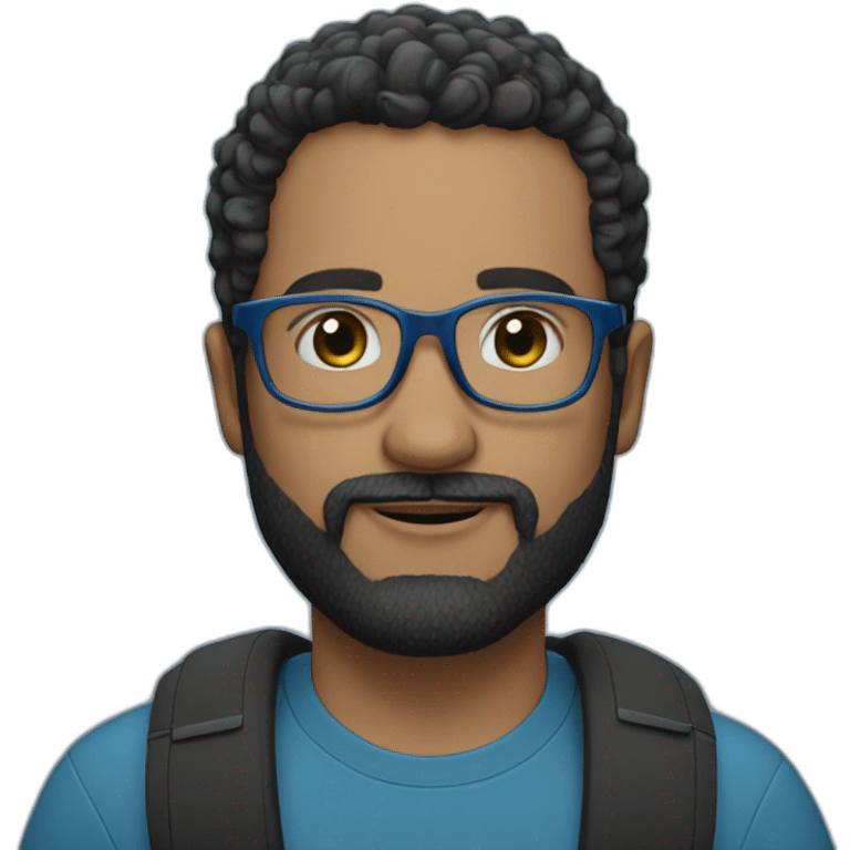 man 41 years old, tiny beard, black hair with silver with blue glasses, french emoji