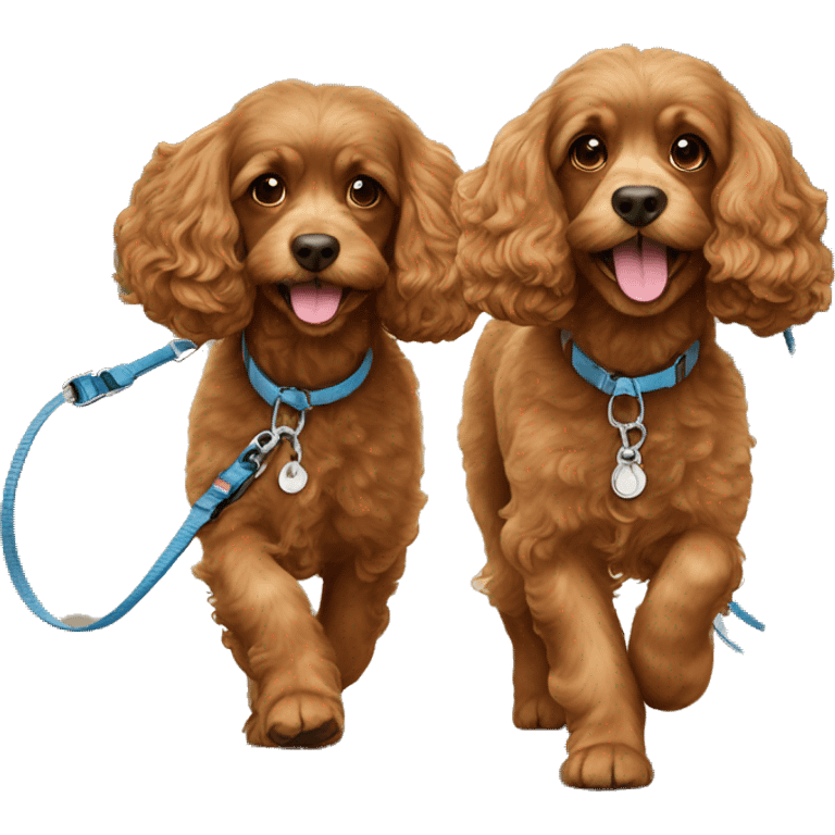 Two adorable brown cavapoos walking on leash emoji