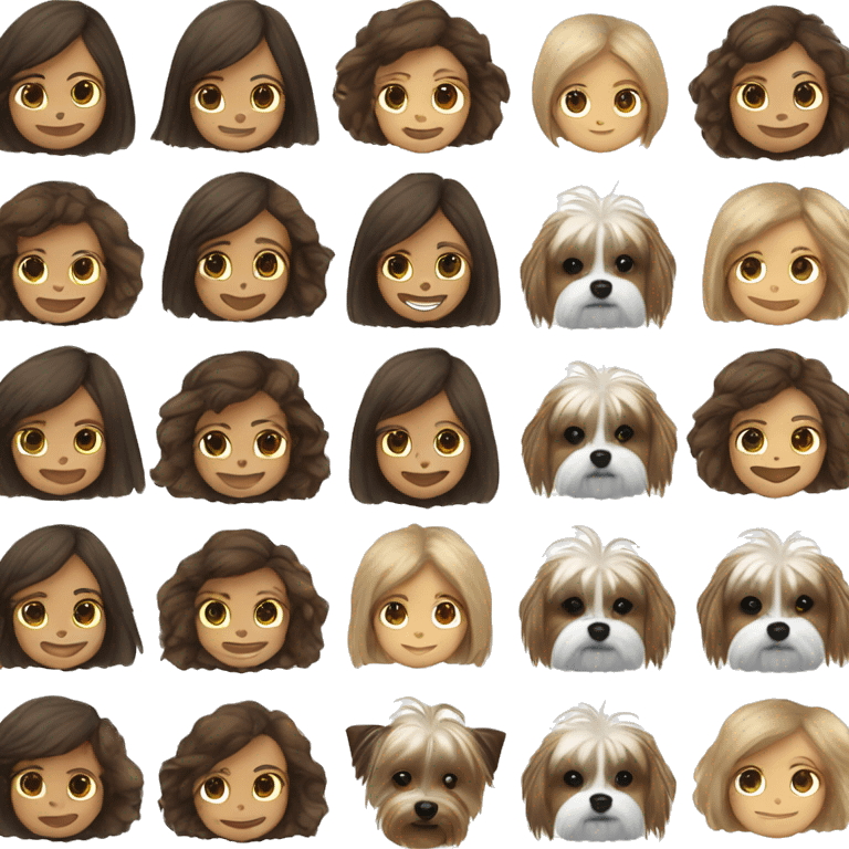 Girl with Brown hair, brown eyes and a Big smile with a Black and white biewer Yorkshire Terrier  emoji