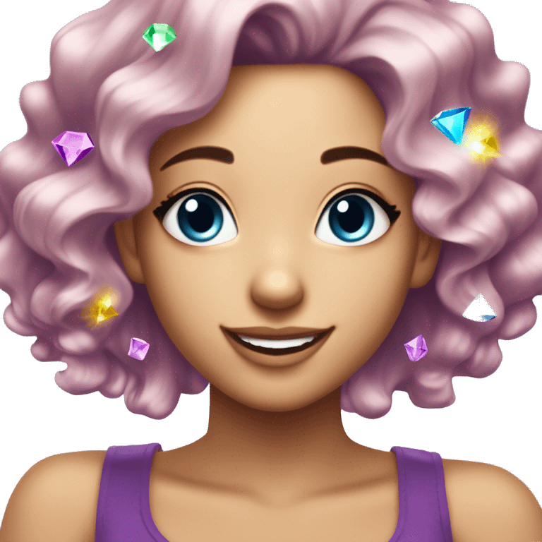 one girl with purple diamond hair made from purple crystals or diamonds or jewels, she is feeling happy and elated and excited, make her hair shiny with prisms and angles and edges, now make her hair crystallized, make her hair only crystals and gems emoji