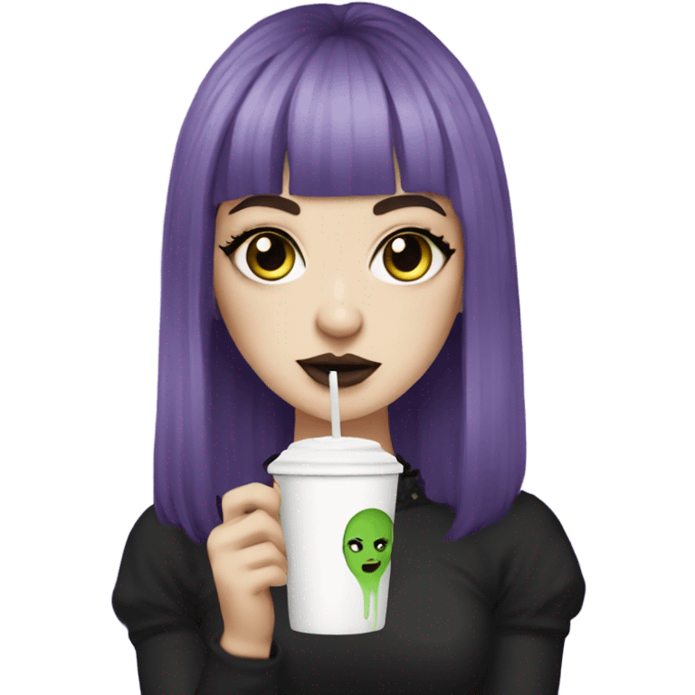 goth white girl with eyeliner, mid length, purple hair, bangs holding a cup of iced matcha   emoji