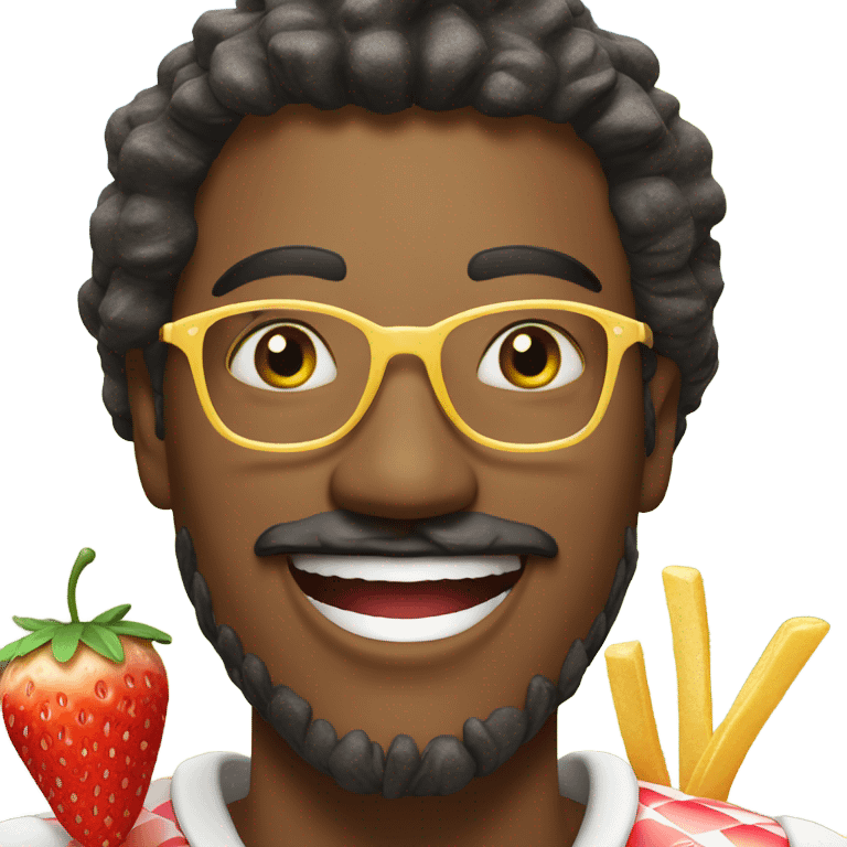 reuse this same smiling man with jewelry outdoors and he is eating french fries in his mouth while holding a strawberry lemonade emoji