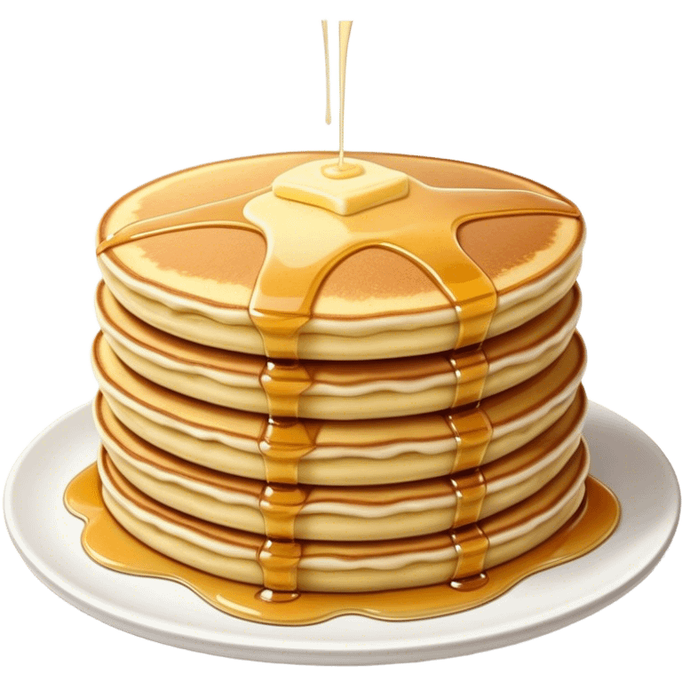 Cinematic fluffy golden pancakes, stacked high, drizzled with maple syrup, topped with fresh butter melting on top, light dusting of powdered sugar, warm and inviting, soft glow and mouthwatering. emoji