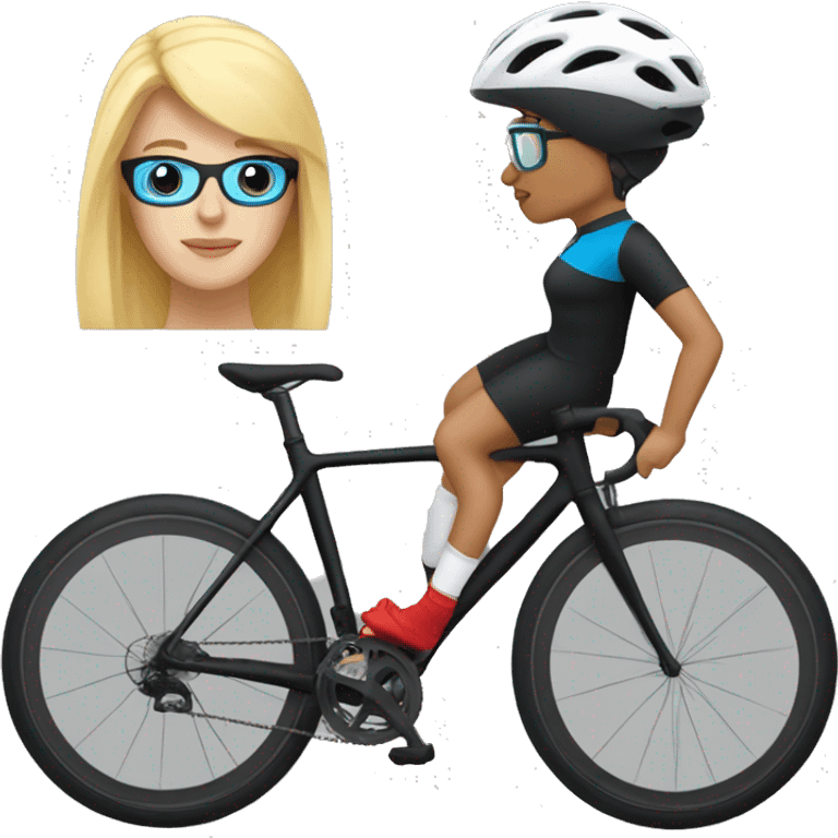 Cyclist woman blond, black shirt ,  blue short, red socks, black bike , transparent glasses, black helmet emoji