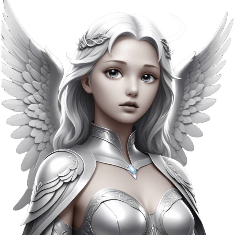 Cinematic Angel, Ultra realistic 32k HD, Breathtaking piece of art, rim lighting, hauntingly beautiful art, mostly greyscale, Balanced features, highly detailed digital artwork, glowing with silver light, glowing, high shine, deviant adoptable, highly detailed clothing, remembrance, a painting of white silver, fanciful, enchanting, ghostly, embodying the essence of both reality and fantasy, dreamy, dreamy glow, optical illusion, immaculate composition, complex pose, air composition. The image is so lifelike that it feels as though it could leap off the canvas at any moment emoji