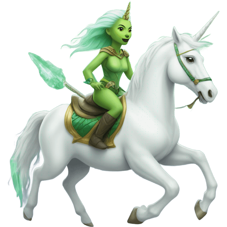 a green amazon alien woman on a white unicorn emoji