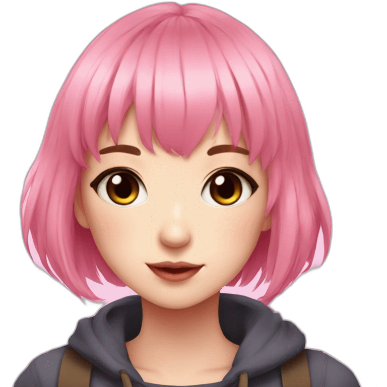 Cute anime girl with pink hair wearing and with light makeup and short hair and bangs emoji