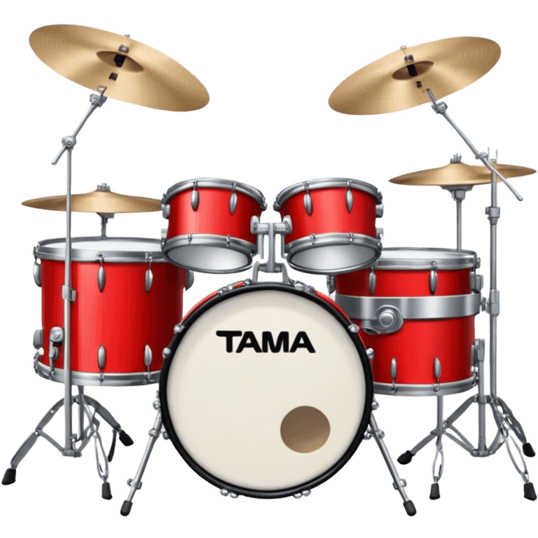 Create a powerful and dynamic emoji representing a TAMA drum kit with two bass drums. The design should feature two prominent bass drums positioned in the center, with snare drums, toms, and cymbals arranged around them. Add drumsticks crossing over the drums to symbolize action and rhythm. Use bold colors like black, silver, and red to emphasize the high-performance nature of the TAMA kit. The background should be transparent. emoji