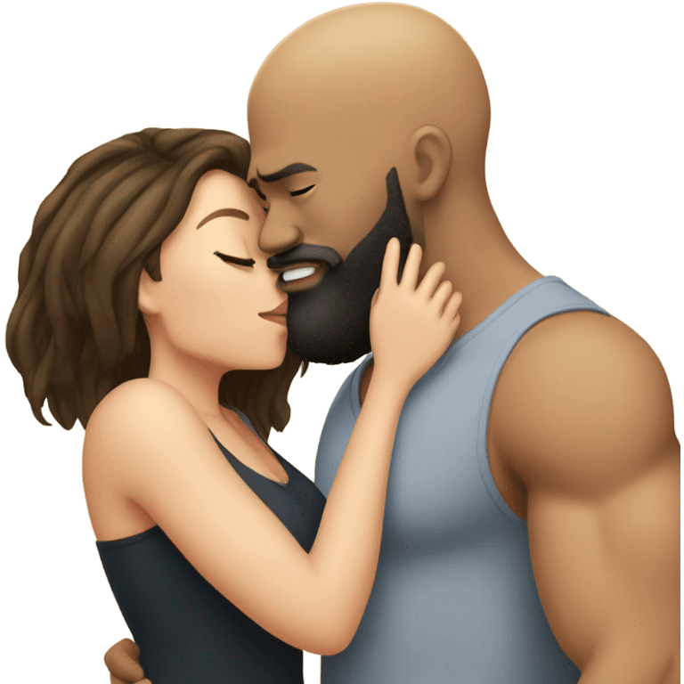 White brunette kissing muscular black bald man with beard emoji