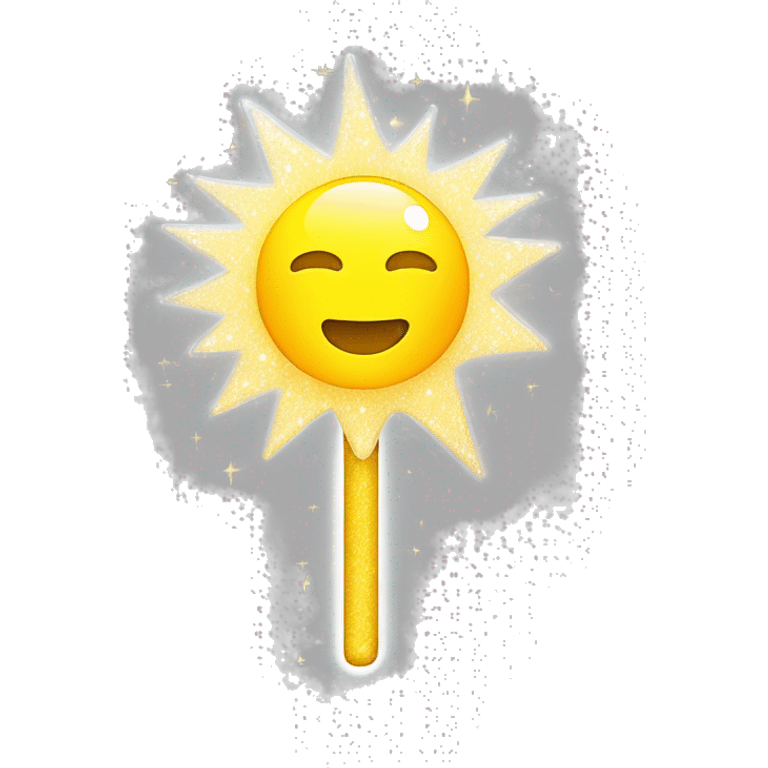 A k-pop inspired lightstick. It has a dome shape and white handle that's wide at the top and goes narrow to the bottom. The dome is transparent it is slightly glittery. Inside is a  cartoonish yellow sun the sun sits at the center and half of it is sunken emoji