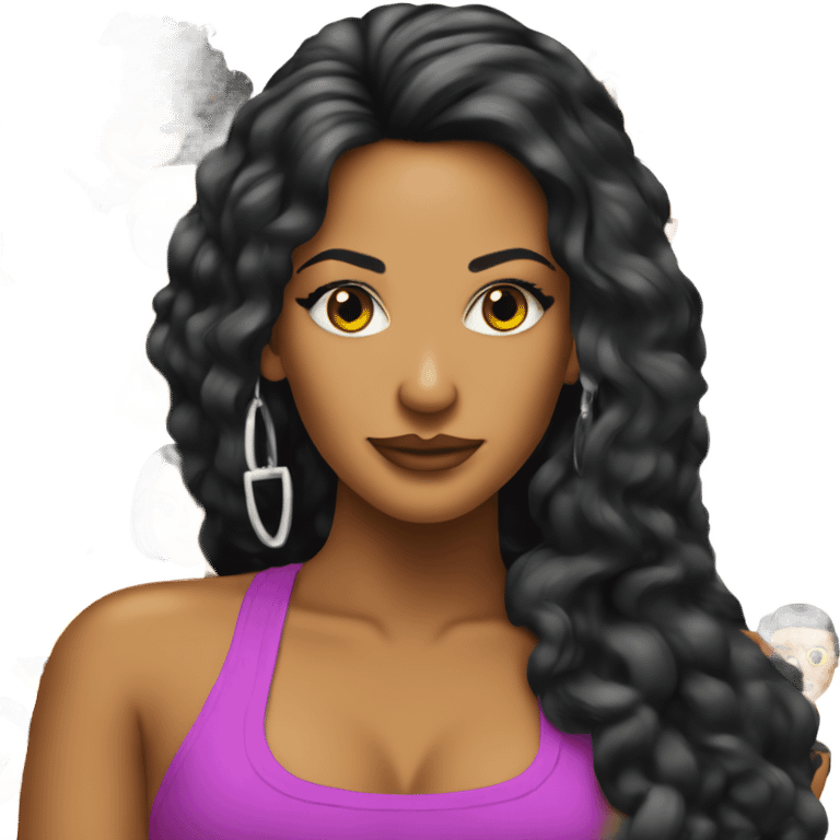 Tanned woman with long black hair, dressed in y2k hip hop hair, makeup, and neon attire emoji