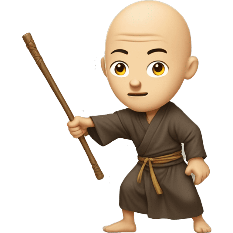 An illustration of a bald monk in traditional robes, mid-action, wielding a wooden staff. He strikes with precision, showing focus and strength, in a cartoon-like style emoji