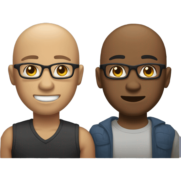 two gay male couple, one of them is a bald, light skin man, with muscled body, tall, with glasses, and the other one is shorter, with darker skin, also  muscled, with long hair in a ponytail, and hairy body emoji