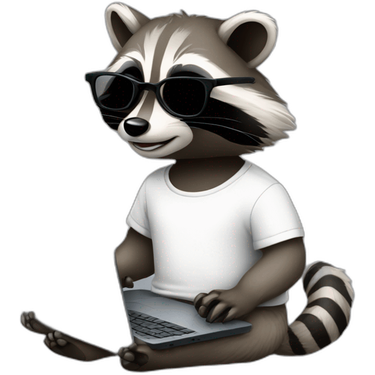 racoon wearing glasses and white tee working on a black laptop emoji