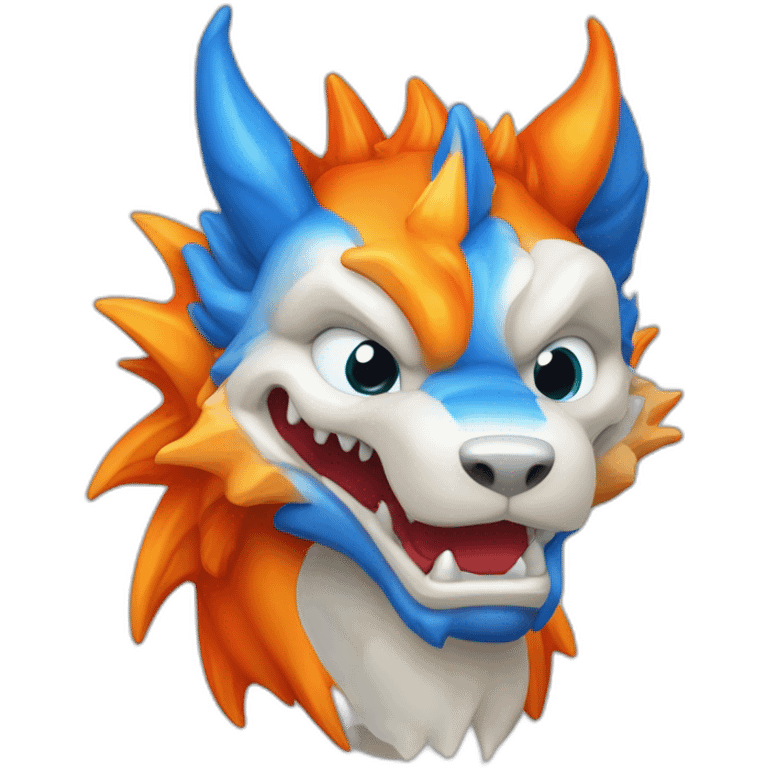 Un dragon mi loup de couleur rouge, bleu, blanc et orange moutardes avec des corne de bélier orange moutard. Il qui crache du feux emoji