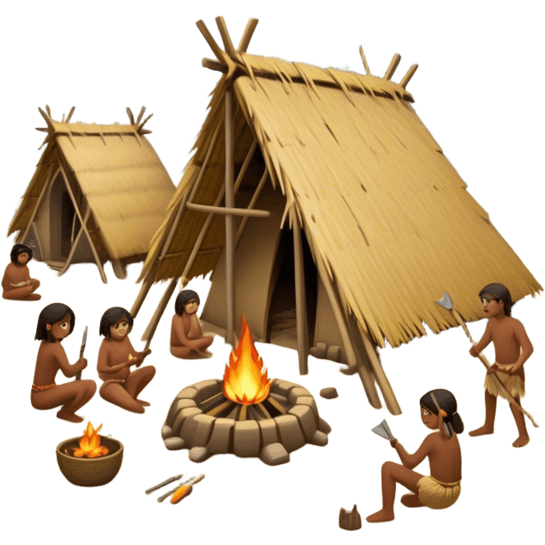 Primitive tribe building a settlement. Huts made of wood and straw, people using basic tools, fire pits, and a dense forest surrounding them emoji