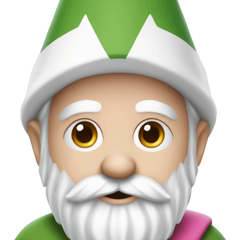 gnome with white sharp hat, white beard, white eyebrow, white mustag, green cape and pink net for catching butterflies emoji