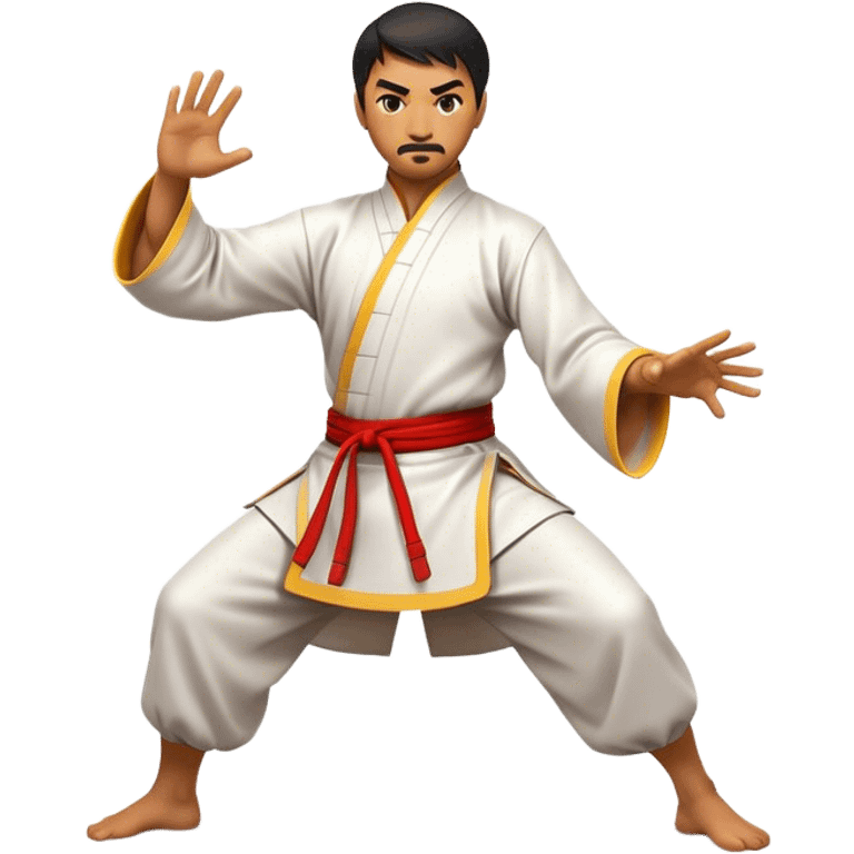 Cinematic Realistic Kung Fu Action Emoji, depicted as an epic martial arts scene with a master executing a precise move in traditional attire, rendered with fluid motion and vibrant textures under dramatic high-contrast lighting. emoji