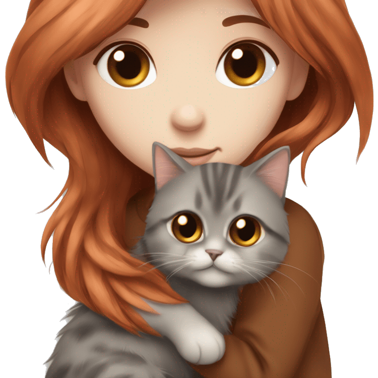 Copper red straight haired girl with dark  brown eyes hugging a fluffy brown and grey Siberian cat emoji