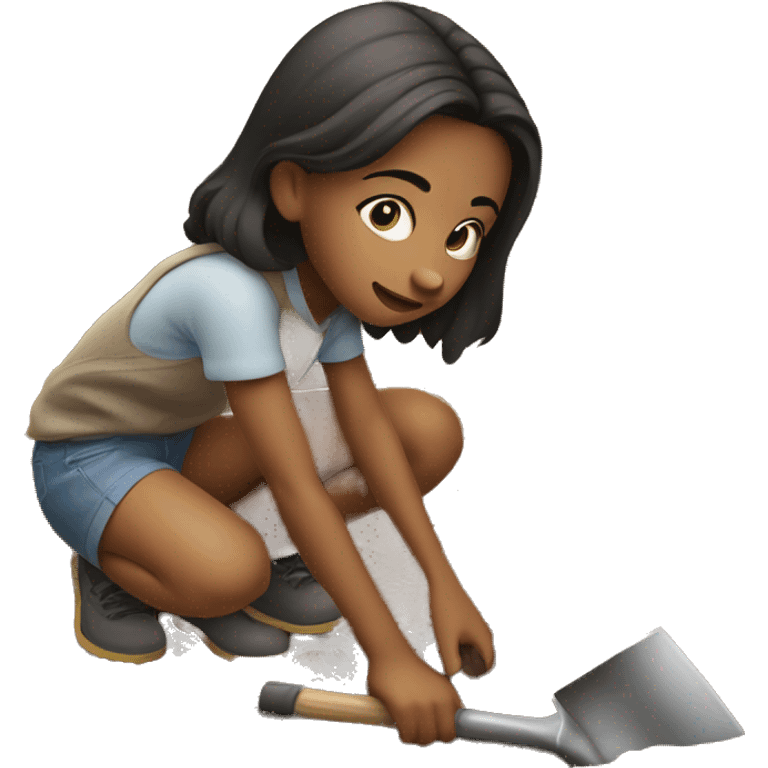 young girl kneeling in the dirt with a shovel in hand emoji