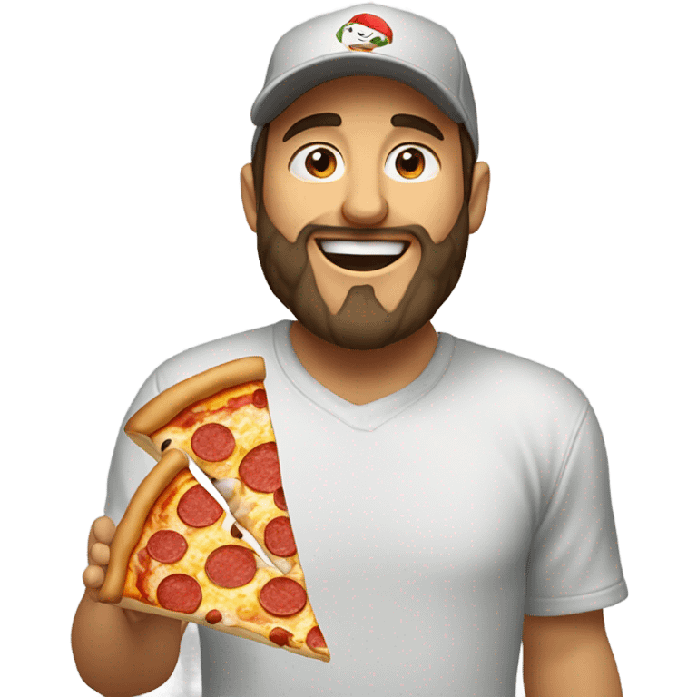 Happy brunette man with beard in a plain baseball cap and hoodie happily eating pizza emoji