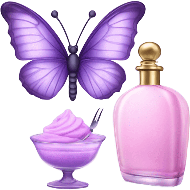  pastel violet butterfly resting on an elegant lavender perfume bottle with fork pink details. emoji