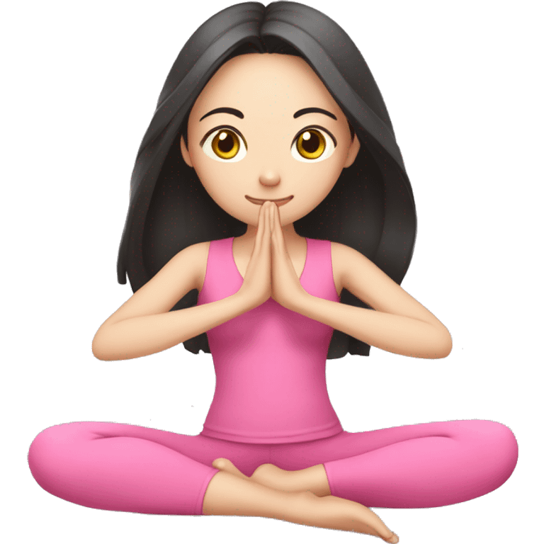 Asian girl doing yoga all in pink clothes, dark long hair, pale skin emoji