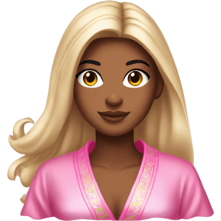 Tanned woman with long black hair wearing a silk pink Victoria’s Secret robe emoji