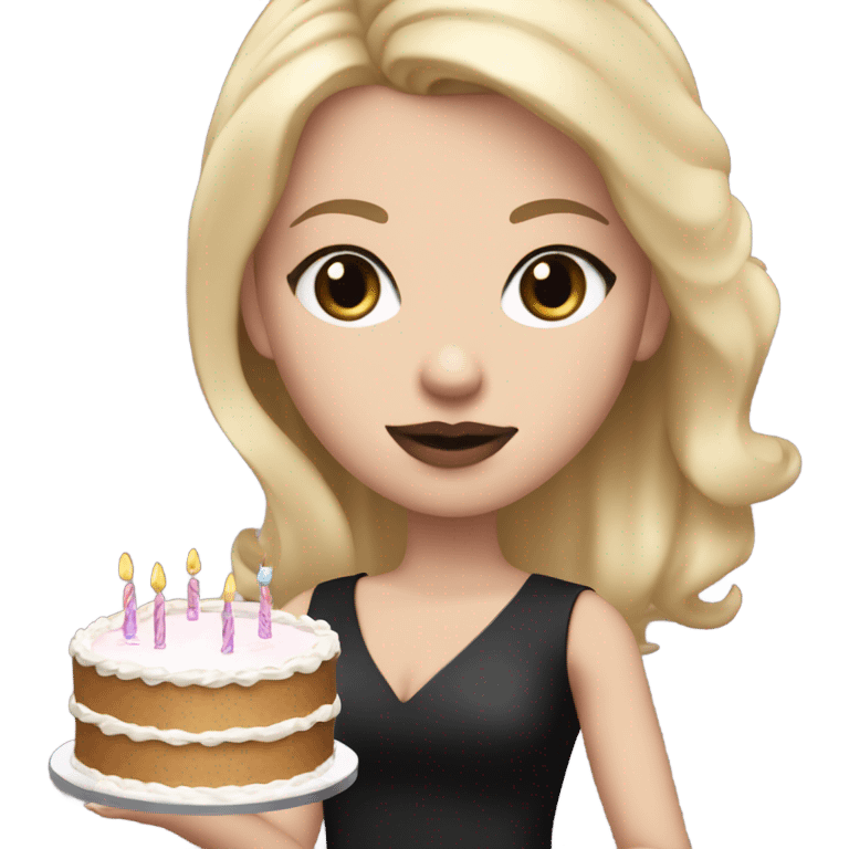 White girl with blonde straight hair, mauve lips, dark eyes, black dress, birthday cake in hands emoji