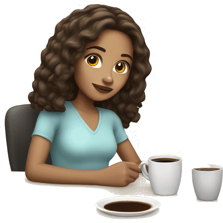 Light skin girl with shoulder length dark brown hair having coffee emoji