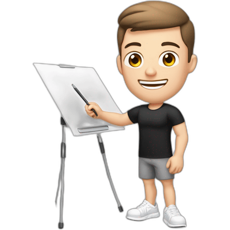 Pale skinned Fit Man With the biceps and brown hair in black shirt, gray sports shorts and white Sneakers Writing text on the flipchart emoji