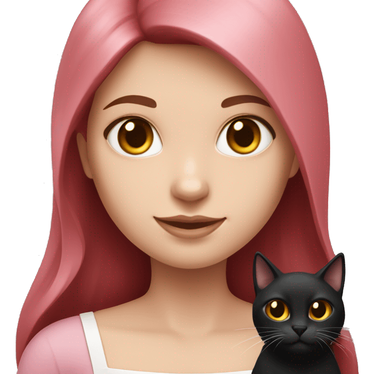 Long Dark Red hair, white skin wearing pink dress girl who is holding a black cat emoji