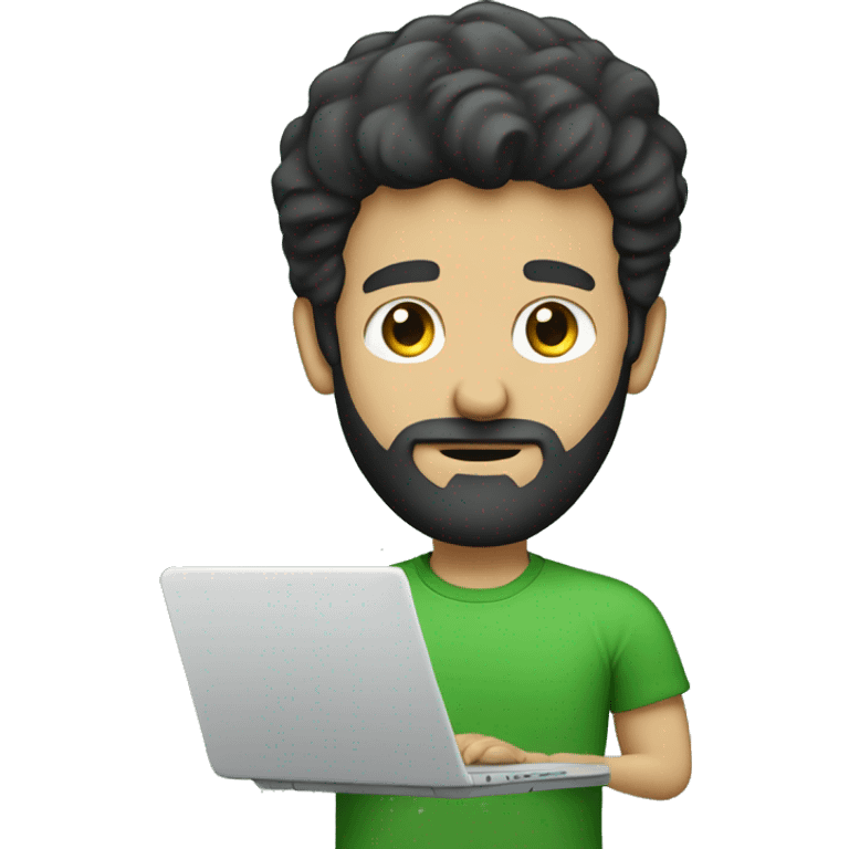 white guy with beard black hair thin face typing in laptop wearing green t-shirt emoji