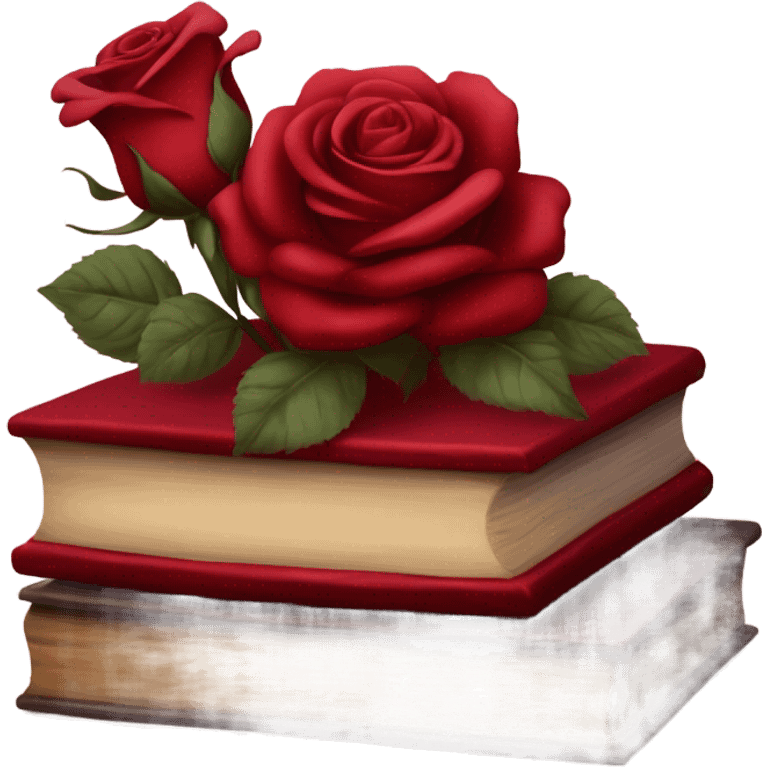 A red stack of books with a maroon bouquet of vintage-style roses and a silk ribbon emoji