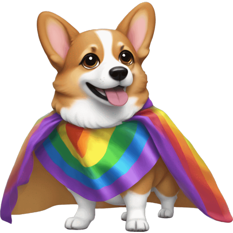 A gay corgi wearing a rainbow cape and heels emoji