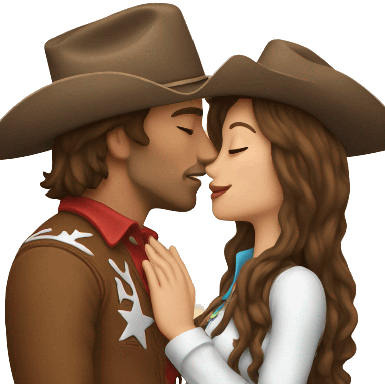 Cowboy with brown hair kissing cowgirl with brown hair emoji