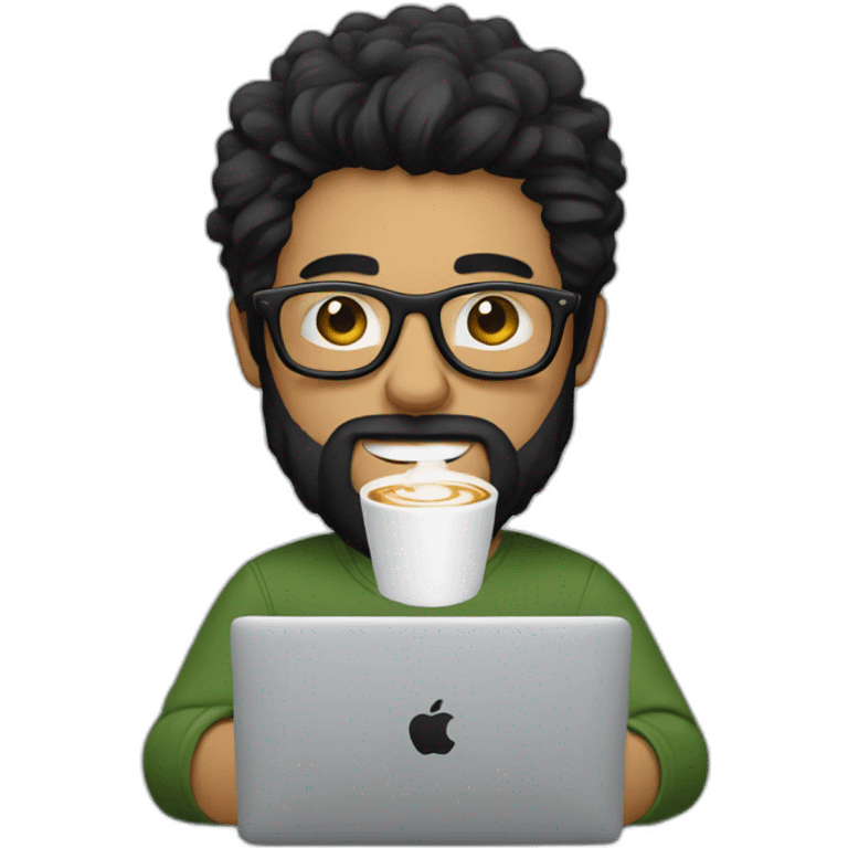 Designer with black hair, beard and glasses working with MacBook and drinking cappuccino  emoji