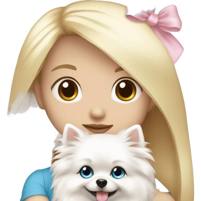 Blond girl white skin blue eyes hugging white Pomeranian with light pink bow emoji