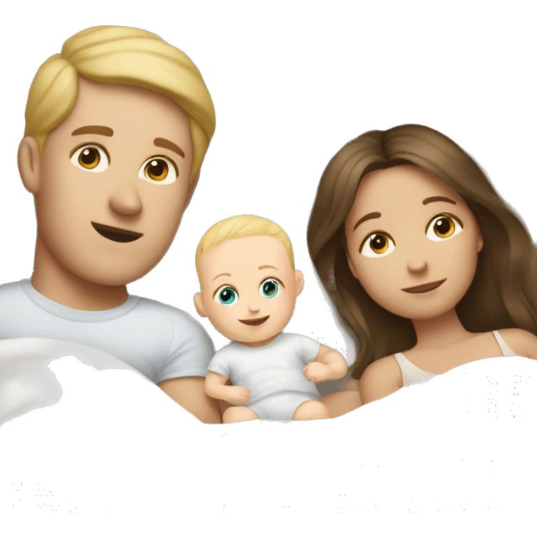 white baby lying in bed with white mom and white dad emoji