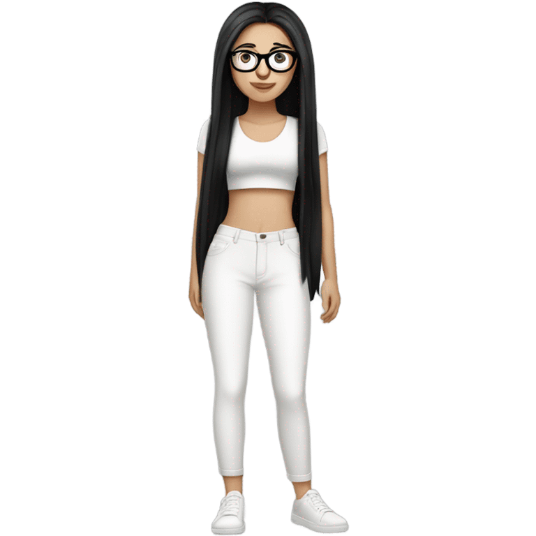 White girl with long straight black hair wearing a white crop top and glasses full body emoji