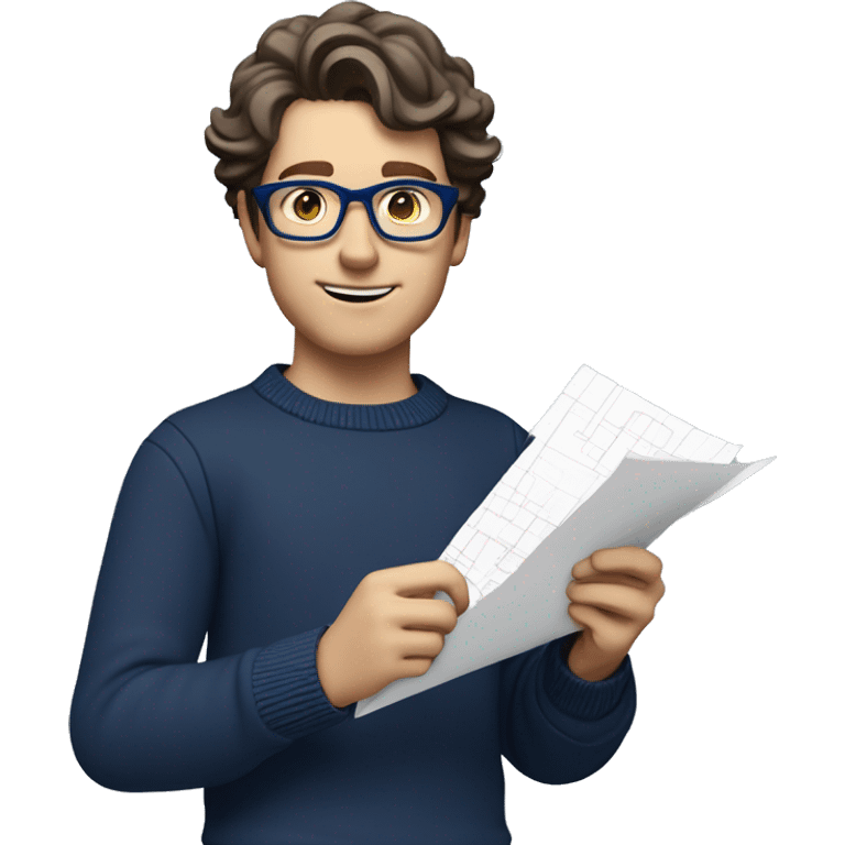 caucasian white boy with dark wavy  hair, blue glasses, and carrying design paper plan because he is an architect carrying a pencil and a set model maquette. wearing a navy blue long sleeve sweater shirt. smart.  emoji